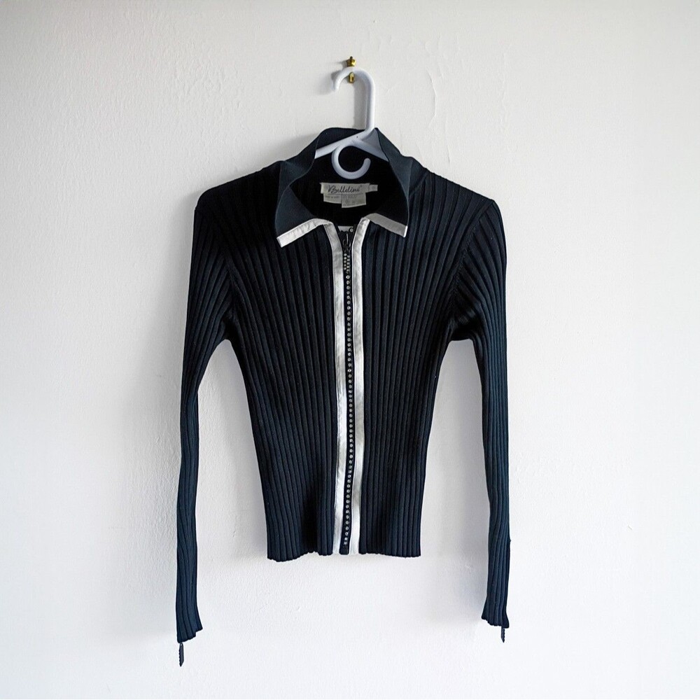 Belldini Ribbed Zip Up Sweater Small Black Long Sleeve Collared Stretch Knit